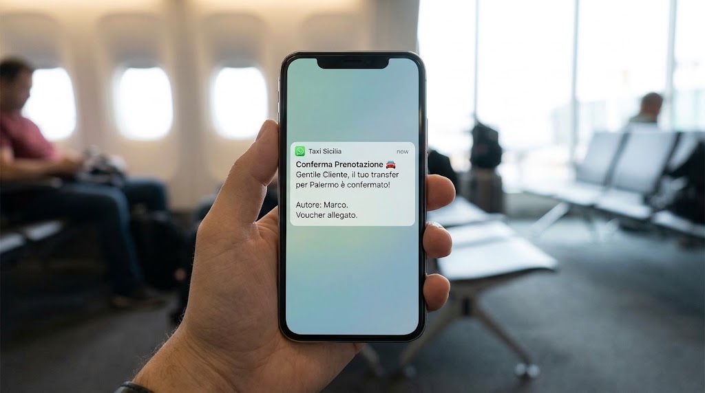 Notifica di conferma e voucher di viaggio WhatsApp Taxi Sicilia