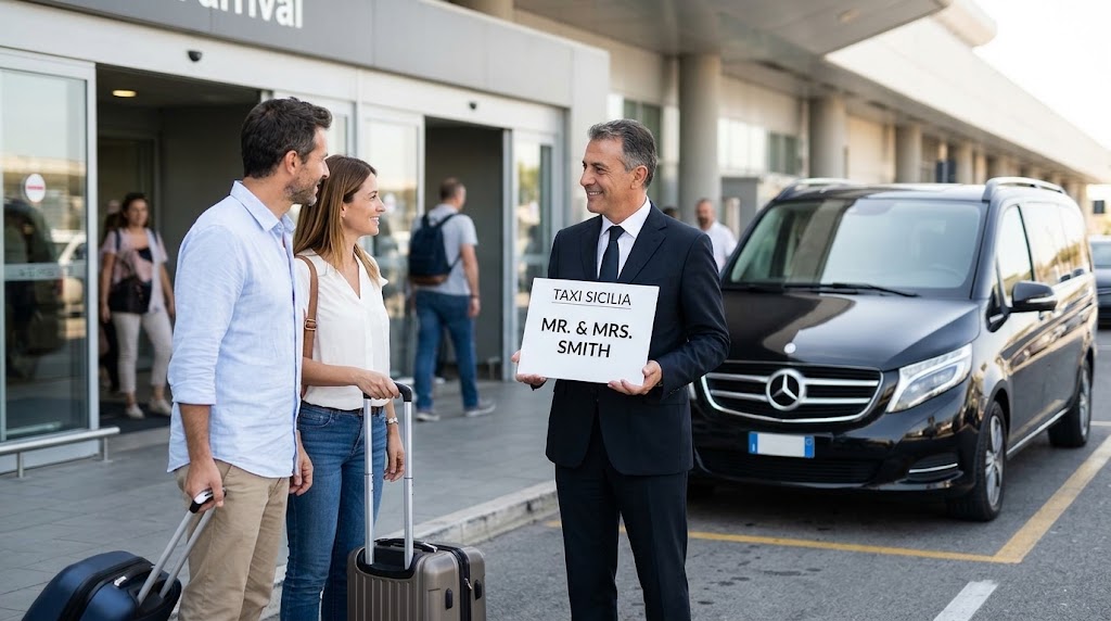 Autista NCC con cartello di benvenuto all'aeroporto